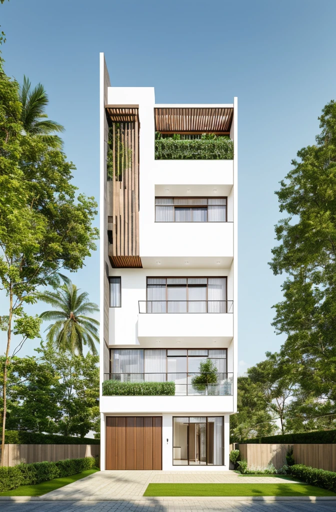 townhouse with bancony, white wall, glass rail, window, mental gate, ( realistic photo)