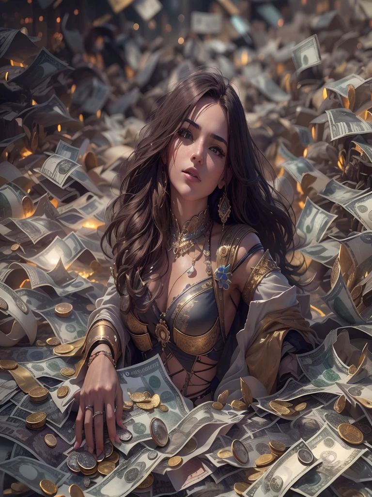 Qualidade Superior, master part, super high resolution, ((fotorrealista: 1.4), Foto RAW, remove  bonita enterrada em dinheiro, Banknotes and coins from around the world cover your hands and feet, in addition to financial education. Cabelos longos amarrados com um wad, gold tied around the neck, sparkling jewelry connected to the head, octane rendering, 8k, Super afiado, metal, Detalhes decorativos intrincados, detalhes muito intrincados, luz realista, Neon details, (cidade futurista ao fundo), Facing the camera