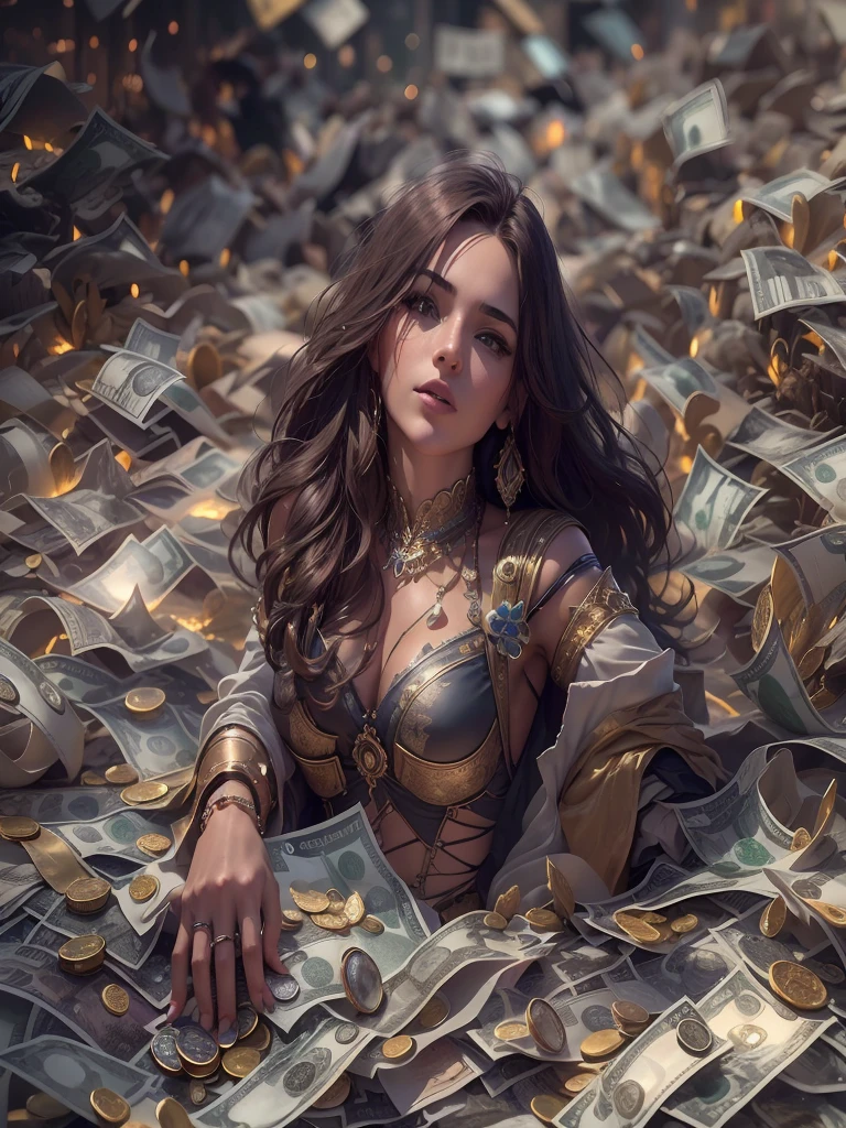 Qualidade Superior, master part, super high resolution, ((fotorrealista: 1.4), Foto RAW, remove bonita enterrada em dinheiro, Banknotes and coins from around the world cover your hands and feet, in addition to financial education. Cabelos longos amarrados com um wad, gold tied around the neck, sparkling jewelry connected to the head, octane rendering, 8k, Super afiado, metal, Detalhes decorativos intrincados, detalhes muito intrincados, luz realista, Neon details, (cidade futurista ao fundo), Facing the camera