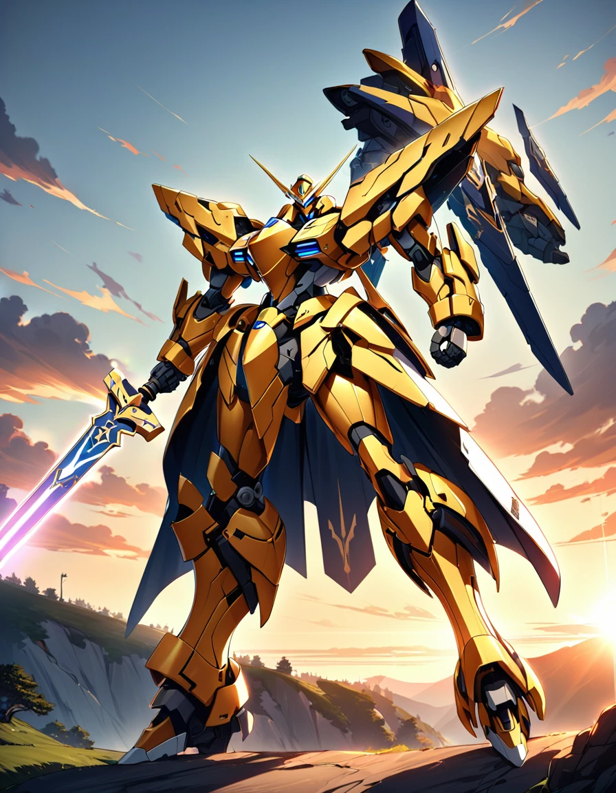 Full body image of King Arthur's personal mech named Excalibur, Excalibur if it were a giant robot, Mecha, Regal Knight aesthetic, white and gold armor with a Scarlett cape billowing in the wind, standing on a cliffside overlooking a fantasy version of Camelot, sunrise in the background, stunning visuals

Holding an energy sword