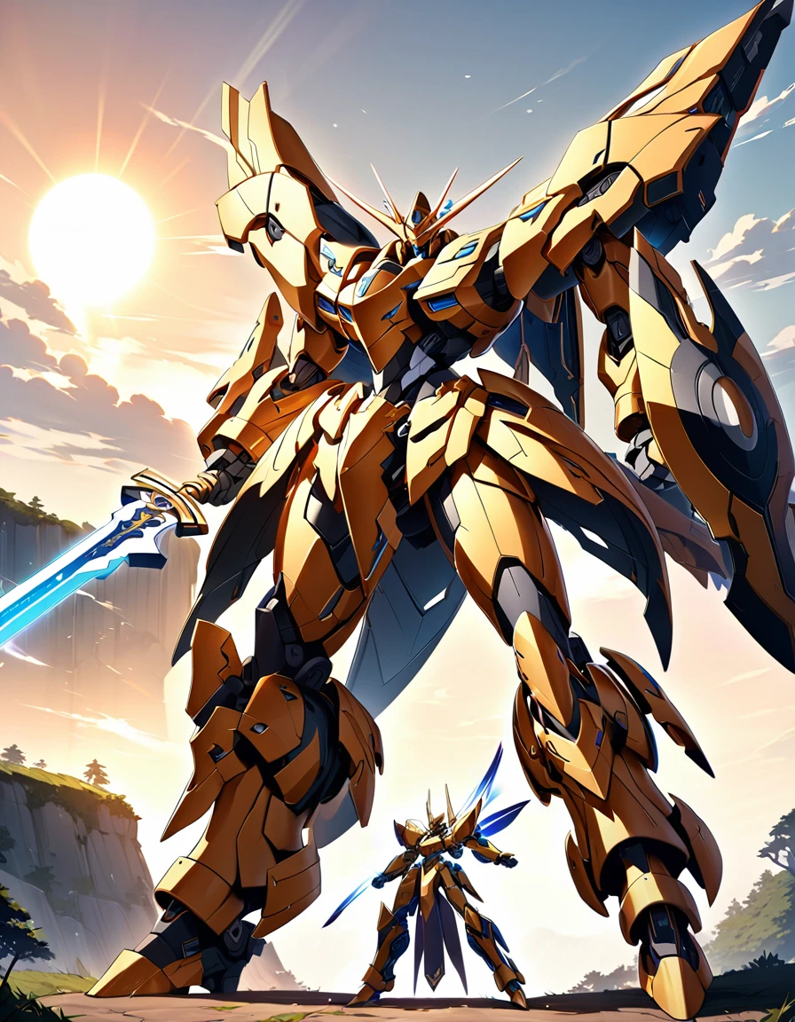 Full body image of King Arthur's personal mech named Excalibur, Excalibur if it were a giant robot, Mecha, Regal Knight aesthetic, white and gold armor with a Scarlett cape billowing in the wind, standing on a cliffside overlooking a fantasy version of Camelot, sunrise in the background, stunning visuals

Holding an energy sword