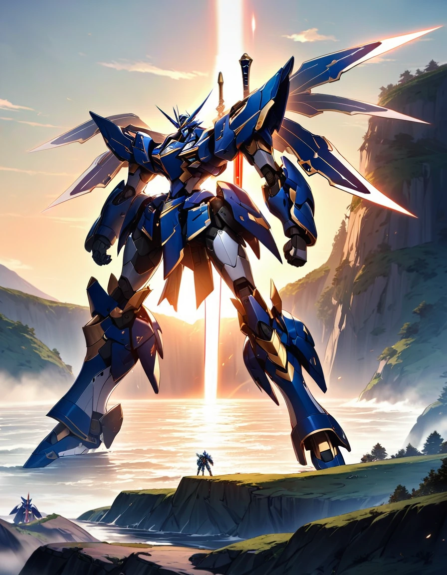 Full body image of King Arthur's personal mech named Excalibur, Excalibur if it were a giant robot, Mecha, Regal Knight aesthetic, white and gold armor with a Scarlett cape billowing in the wind, standing on a cliffside overlooking a fantasy version of Camelot, sunrise in the background, stunning visuals

Holding an energy sword