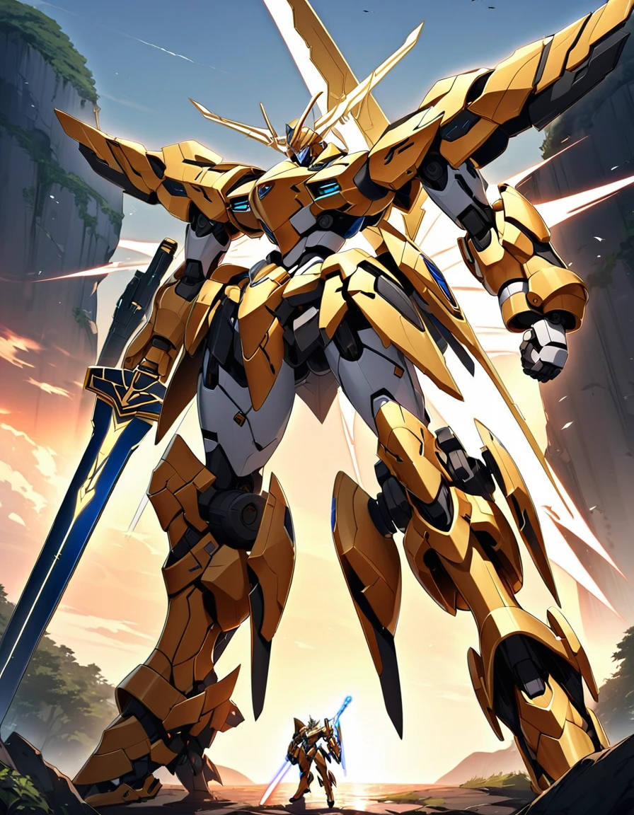 Full body image of King Arthur's personal mech named Excalibur, Excalibur if it were a giant robot, Mecha, Regal Knight aesthetic, white and gold armor with a Scarlett cape billowing in the wind, standing on a cliffside overlooking a fantasy version of Camelot, sunrise in the background, stunning visuals

Holding an energy sword