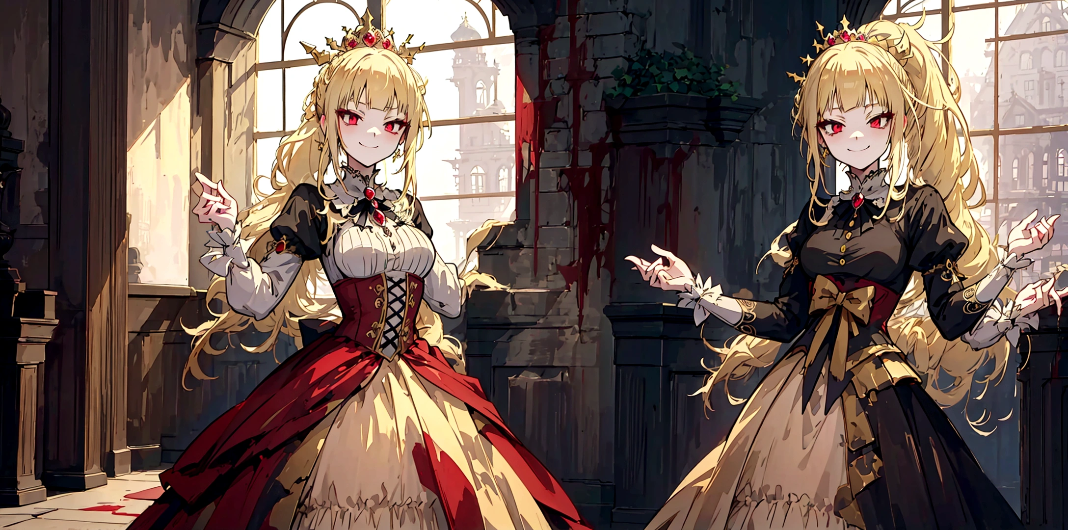 An anime-style princess with long, flowing blonde hair in a ponytail, standing gracefully inside a grand, dimly lit castle. She is wearing an elegant, Gothic-style dress with intricate details and dark colors. The princess has soft, pale red eyes and a sly, mischievous smile on her face, showing her defiance and strength. Through the tall, arched windows with heavy drapes, a red full moon can be seen, adding a mysterious and eerie atmosphere. The background features ancient stone walls and opulent decorations that exude a sense of eerie elegance and timeless royalty.