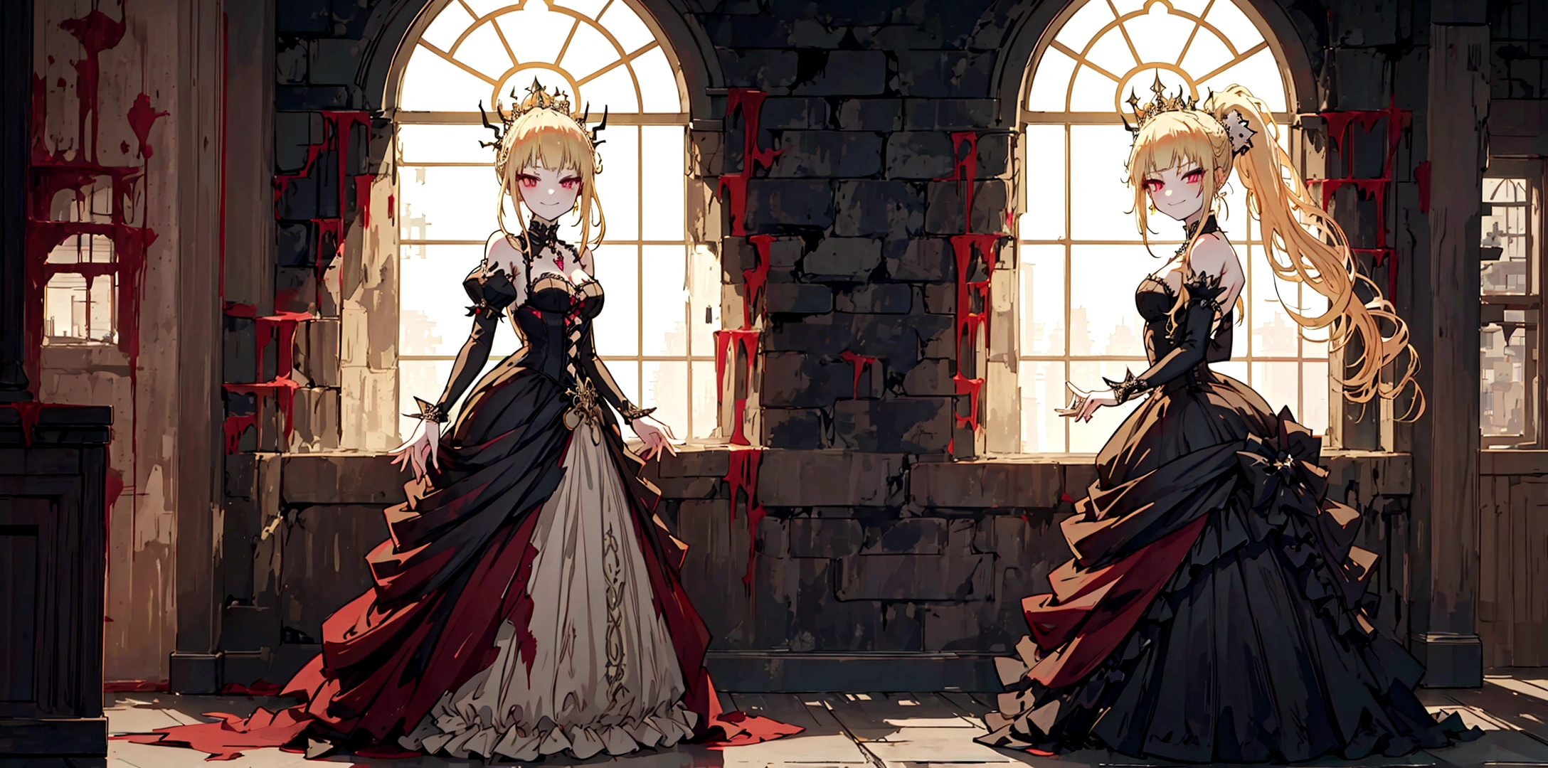 An anime-style princess with long, flowing blonde hair in a ponytail, standing gracefully inside a grand, dimly lit castle. She is wearing an elegant, Gothic-style dress with intricate details and dark colors. The princess has soft, pale red eyes and a sly, mischievous smile on her face, showing her defiance and strength. Through the tall, arched windows with heavy drapes, a red full moon can be seen, adding a mysterious and eerie atmosphere. The background features ancient stone walls and opulent decorations that exude a sense of eerie elegance and timeless royalty.