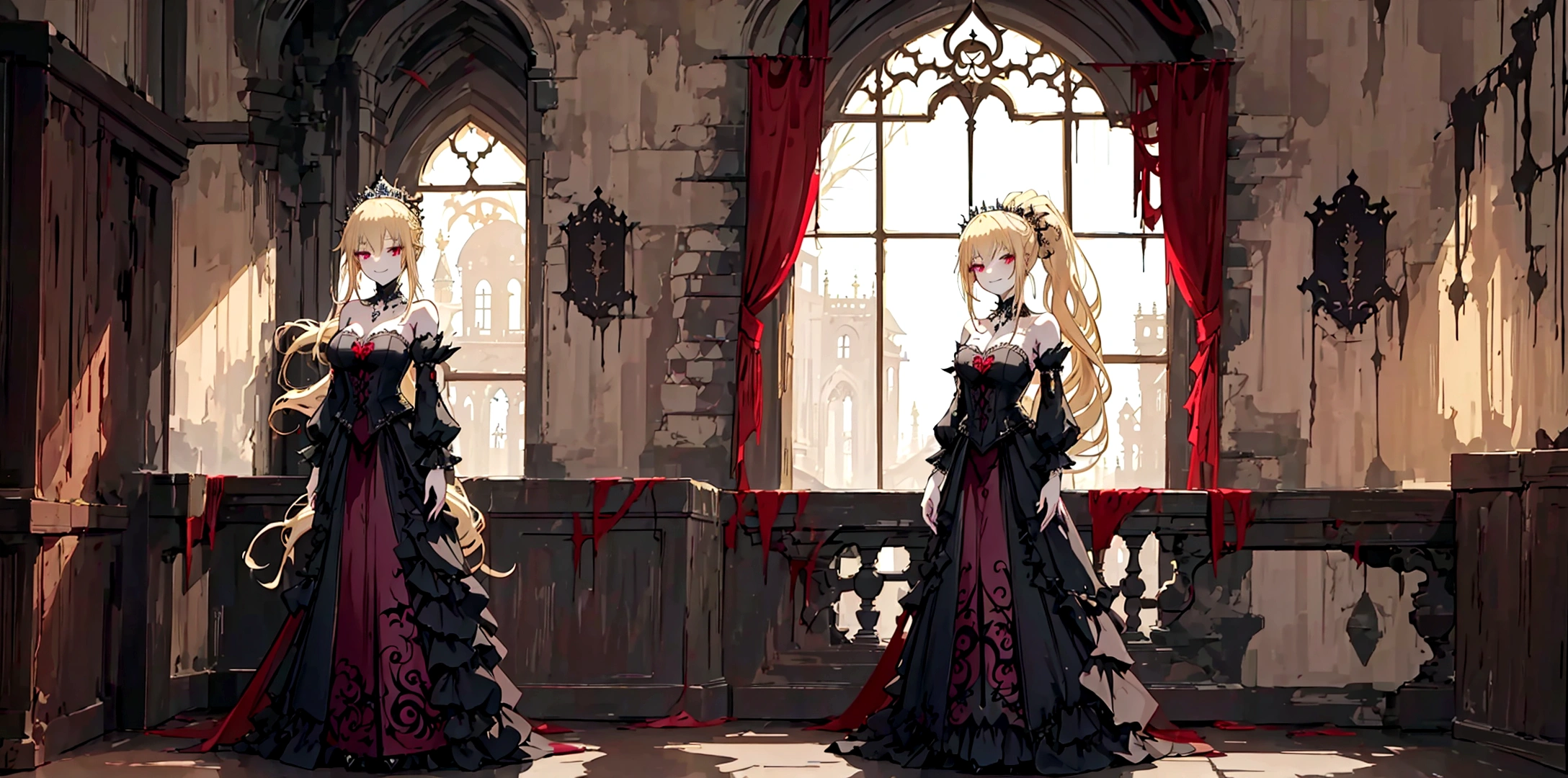 An anime-style princess with long, flowing blonde hair in a ponytail, standing gracefully inside a grand, dimly lit castle. She is wearing an elegant, Gothic-style dress with intricate details and dark colors. The princess has soft, pale red eyes and a sly, mischievous smile on her face, showing her defiance and strength. Through the tall, arched windows with heavy drapes, a red full moon can be seen, adding a mysterious and eerie atmosphere. The background features ancient stone walls and opulent decorations that exude a sense of eerie elegance and timeless royalty.