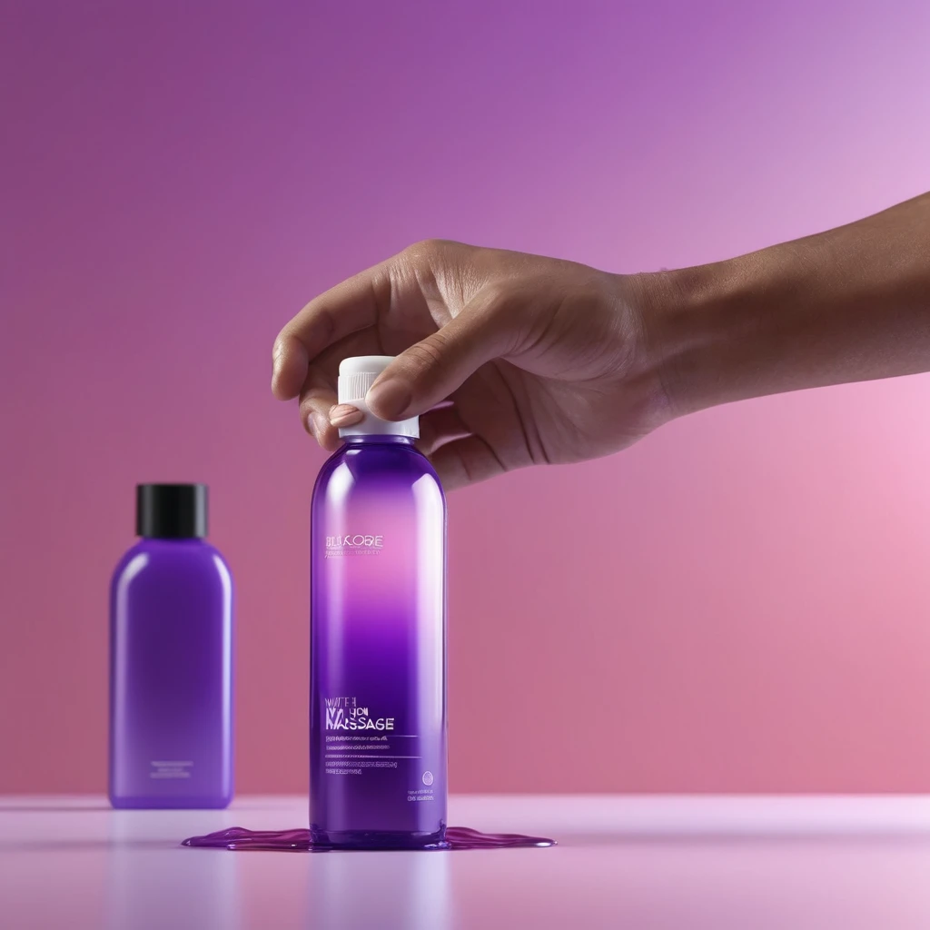 bottle of massage oil in his hand, blackhair sporty white European male hands holding purple bottle of massage oil to her face, that is glowing with pink and purple colours, dripping wet, closeup macro photo, minimalistic, in a light purple and pink style, with soft edges and blurred details, in the toycore style, with a 3D render, on a colorful background, with a minimalist stage design, in a surreal style, with a cinema4D rendering, with a minimalist style, with low saturation, using gradient colors, with a cinema4D rendering, with a blender rendering, with super detail, at a super high resolution, at a super high definition