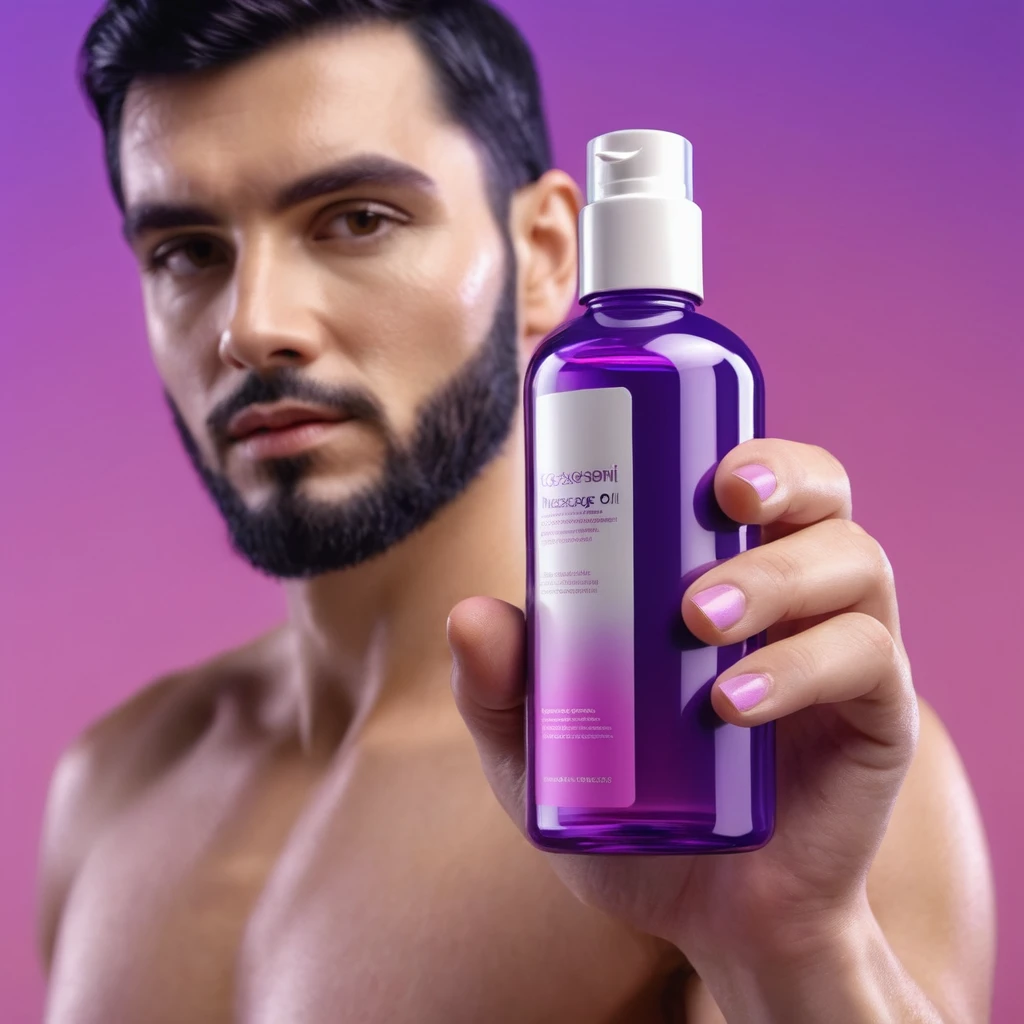 bottle of massage oil in his hand, blackhair sporty white European male hands holding purple bottle of massage oil to her face, that is glowing with pink and purple colours, dripping wet, closeup macro photo, minimalistic, in a light purple and pink style, with soft edges and blurred details, in the toycore style, with a 3D render, on a colorful background, with a minimalist stage design, in a surreal style, with a cinema4D rendering, with a minimalist style, with low saturation, using gradient colors, with a cinema4D rendering, with a blender rendering, with super detail, at a super high resolution, at a super high definition