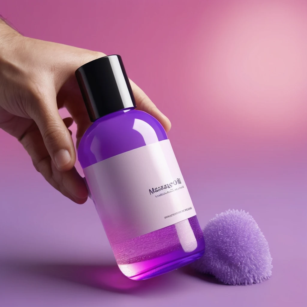 bottle of massage oil in his hand, blackhair sporty white European male hands holding purple bottle of massage oil to her face, that is glowing with pink and purple colours, dripping wet, closeup macro photo, minimalistic, in a light purple and pink style, with soft edges and blurred details, in the toycore style, with a 3D render, on a colorful background, with a minimalist stage design, in a surreal style, with a cinema4D rendering, with a minimalist style, with low saturation, using gradient colors, with a cinema4D rendering, with a blender rendering, with super detail, at a super high resolution, at a super high definition
