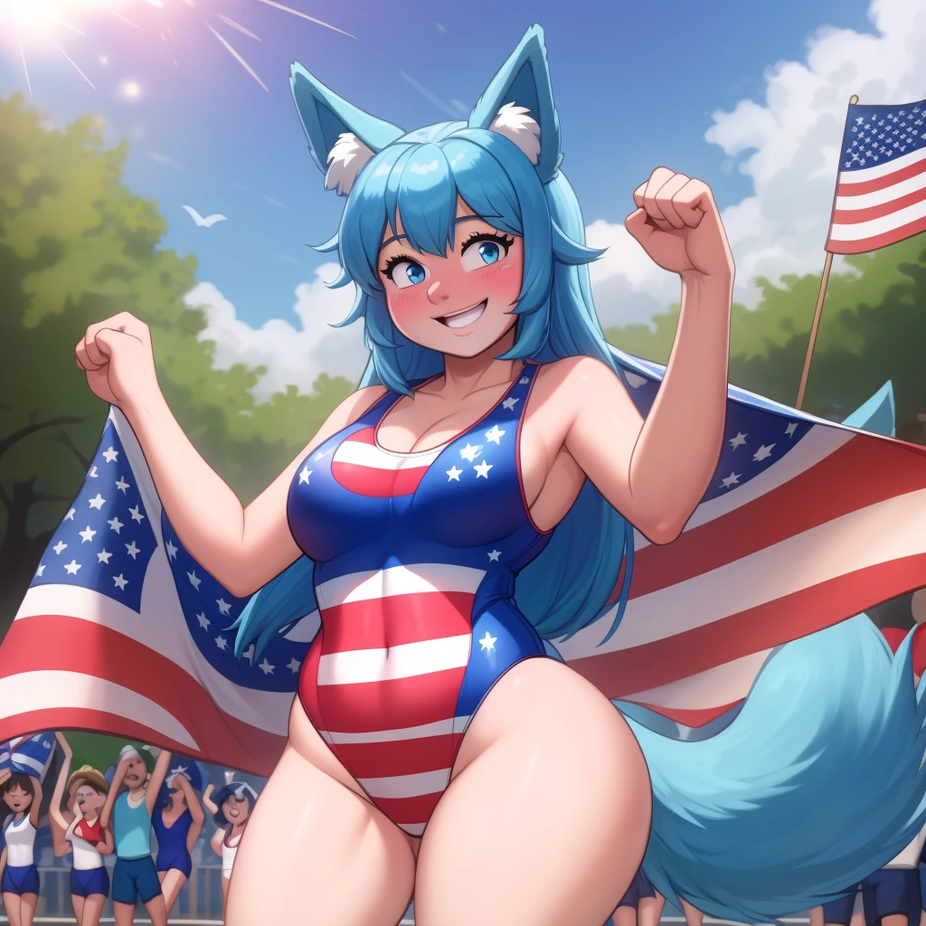 (Masterpiece) (High Detail) (High Res) A short humanoid girl with pale human skin and blue eyes and long blue hair and blue dog ears and a fluffy blue dog tail and average breasts. She is at a 4th of July Independence Day Parade in New York City. She is wearing an American US Flag patterned one piece swim suit and is cheering. She is in the middle of a parade with lots of USA flags in the background. She has blushing cheeks and she is smiling cheerfully.