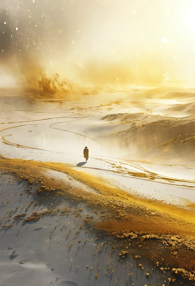 On the empty wasteland,Surrounded by many hazy golden particles floating in the air,Mysterious atmosphere,Hazy abstract future beauty