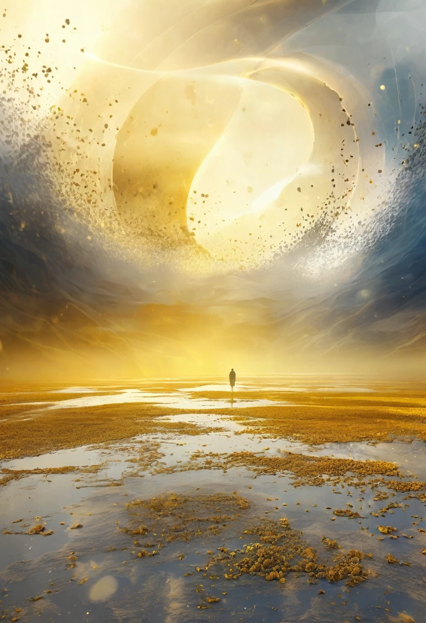 On the empty wasteland,Surrounded by many hazy golden particles floating in the air,Mysterious atmosphere,Hazy abstract future beauty
