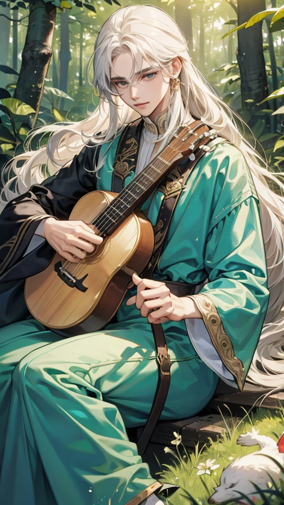 Male human bard with white long hair happily playing lute in the middle of forest surround by animals