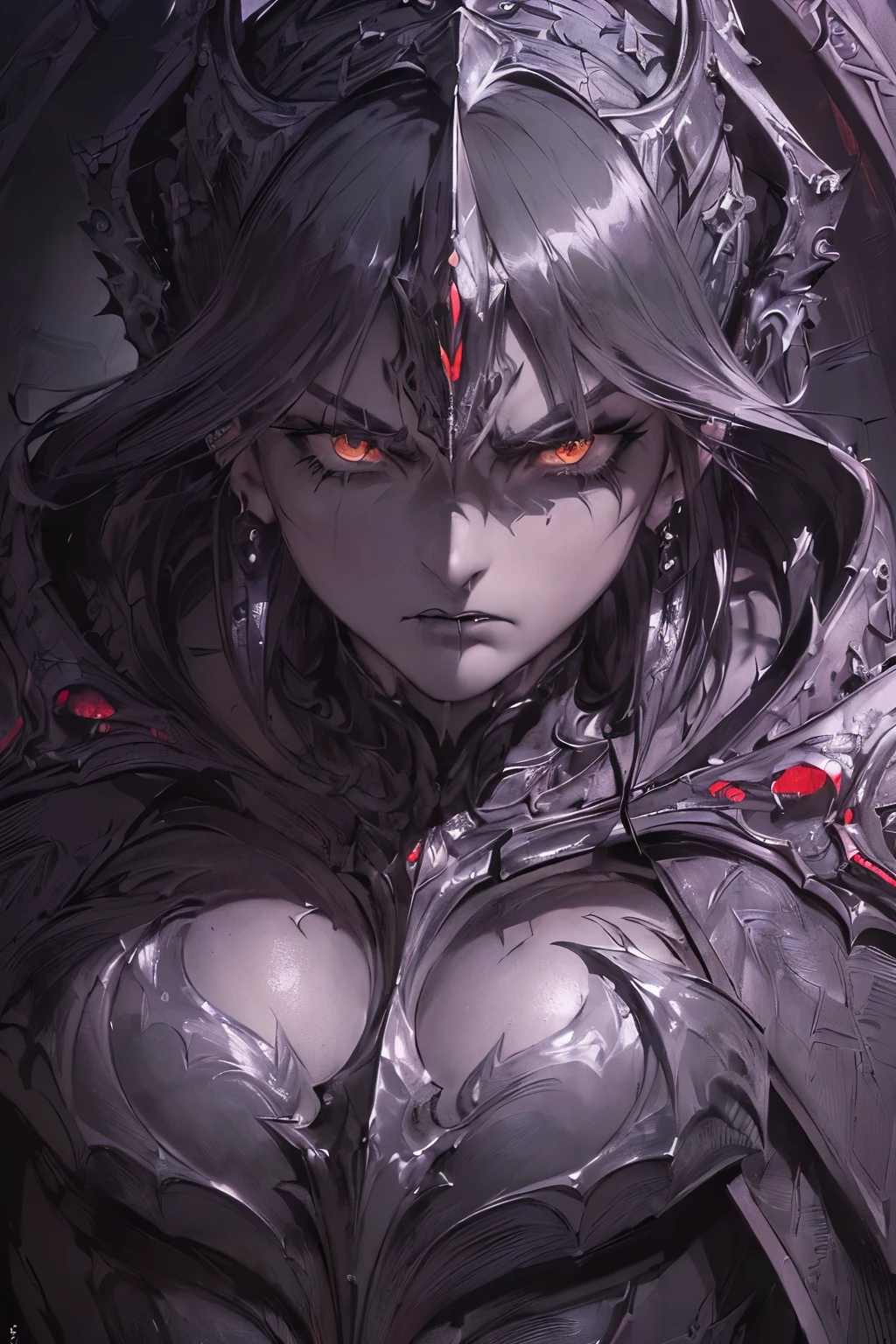 A close up of a woman with a hood on and red eyes - SeaArt AI