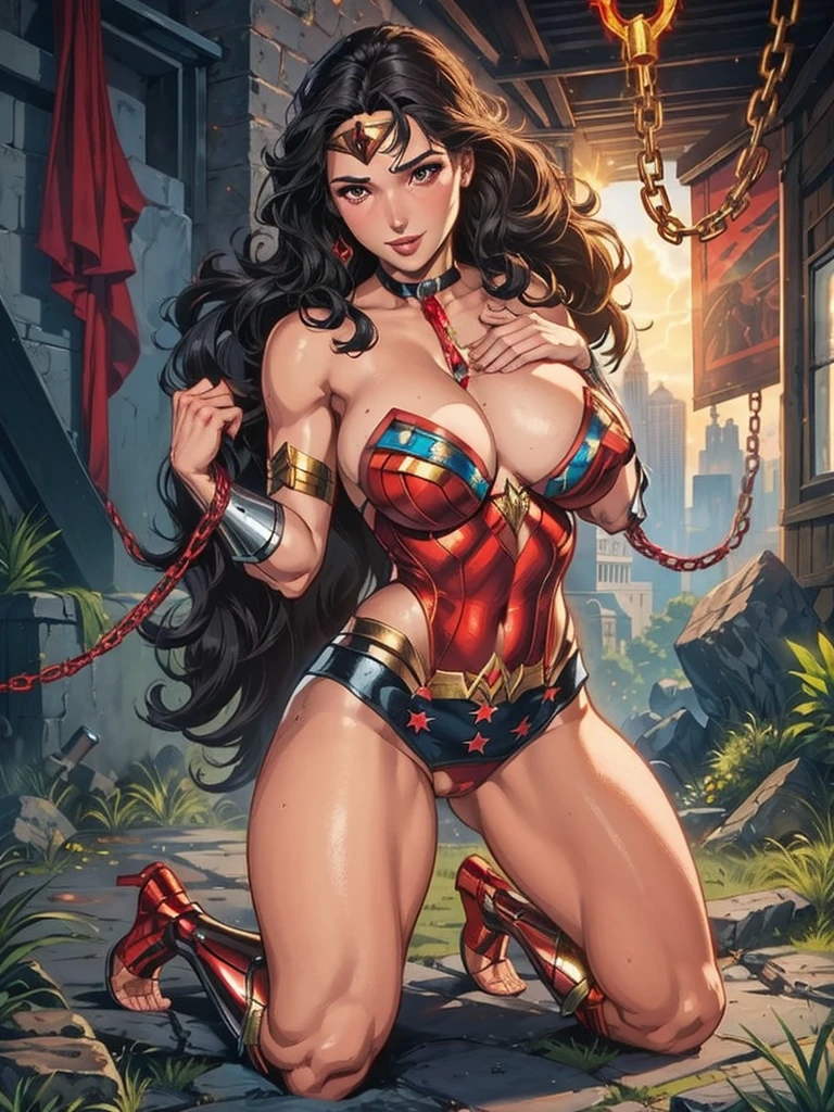 romantic,masterpiece,high quality,Fierce Battle,demon,flame,lightning,hell,Behemoth, a girl, Gal Gadot plays Wonder Woman, sexy body, Beautiful face,A charming smile,Lively expressions,,seduce。huge breasts, Huge ass, plump body, sexy bra, sexy thong、Hand-held treasure,Combat Action,,Camel toes are clear,Magic high quality paintings,