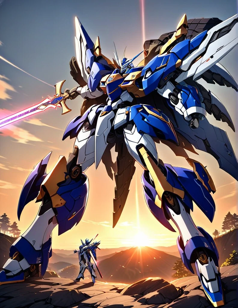 Full body image of King Arthur's personal mech named Excalibur, Excalibur if it were a giant robot, Mecha, Regal Knight aesthetic, white and gold armor with a Scarlett cape billowing in the wind, standing on a cliffside overlooking a fantasy version of Camelot, sunrise in the background, stunning visuals

Holding an energy sword