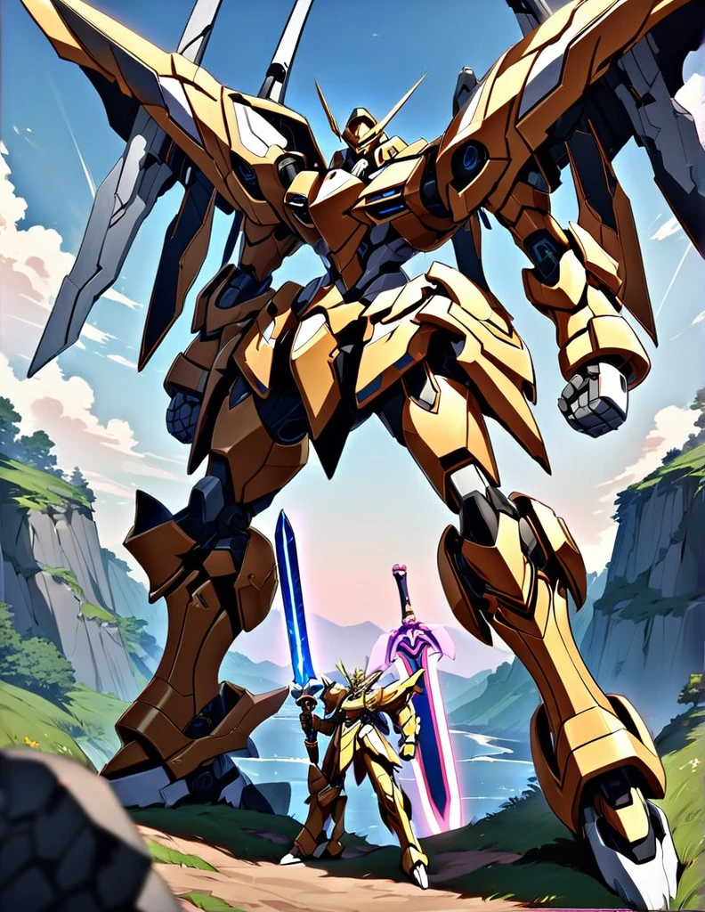 Full body image of King Arthur's personal mech named Excalibur, Excalibur if it were a giant robot, Mecha, Regal Knight aesthetic, white and gold armor with a Scarlett cape billowing in the wind, standing on a cliffside overlooking a fantasy version of Camelot, sunrise in the background, stunning visuals

Holding an energy sword