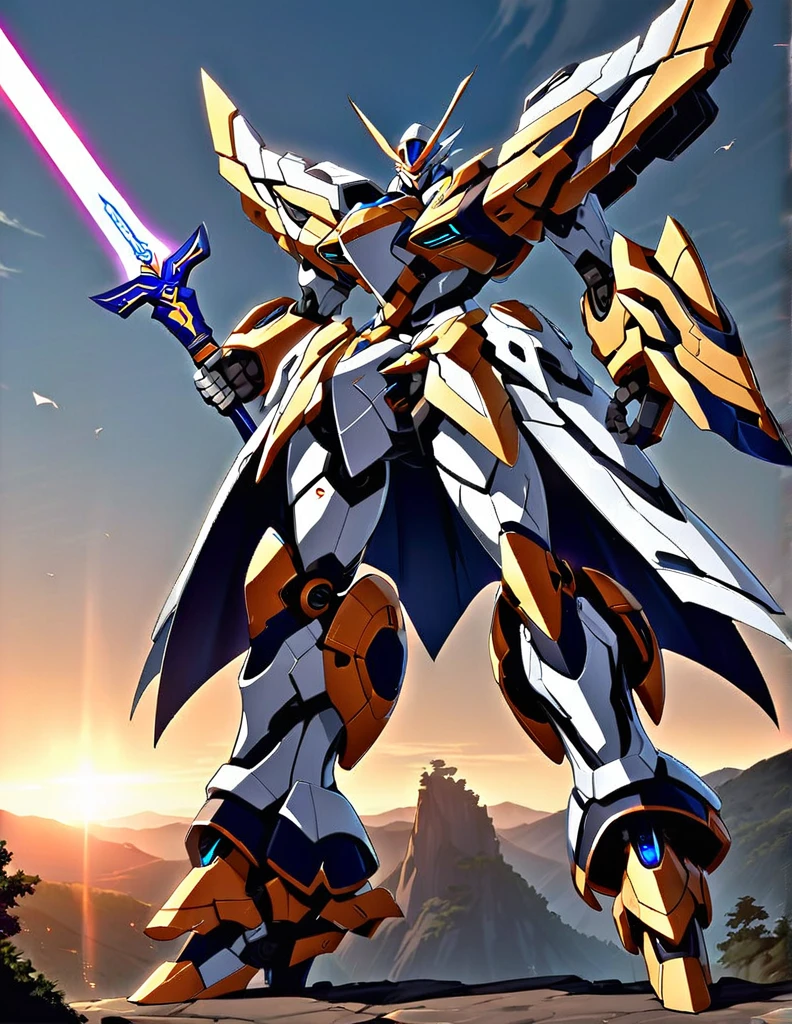 Full body image of King Arthur's personal mech named Excalibur, Excalibur if it were a giant robot, Mecha, Regal Knight aesthetic, white and gold armor with a Scarlett cape billowing in the wind, standing on a cliffside overlooking a fantasy version of Camelot, sunrise in the background, stunning visuals

Holding an energy sword