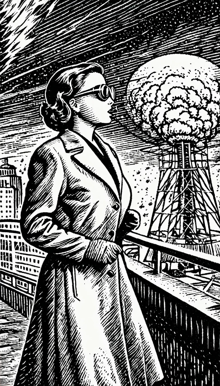 (Black and white woodcut:1.5)、(Second floor in black and white.)、foreground, dark and sinister atmosphere、profile face of a female nuclear scientist, with short hair,  with dark protection googles, wearing long white coat with gloves, Lost look, wearing long skirt , next to an atomic bomb with radiation symbols., Mysterious、
