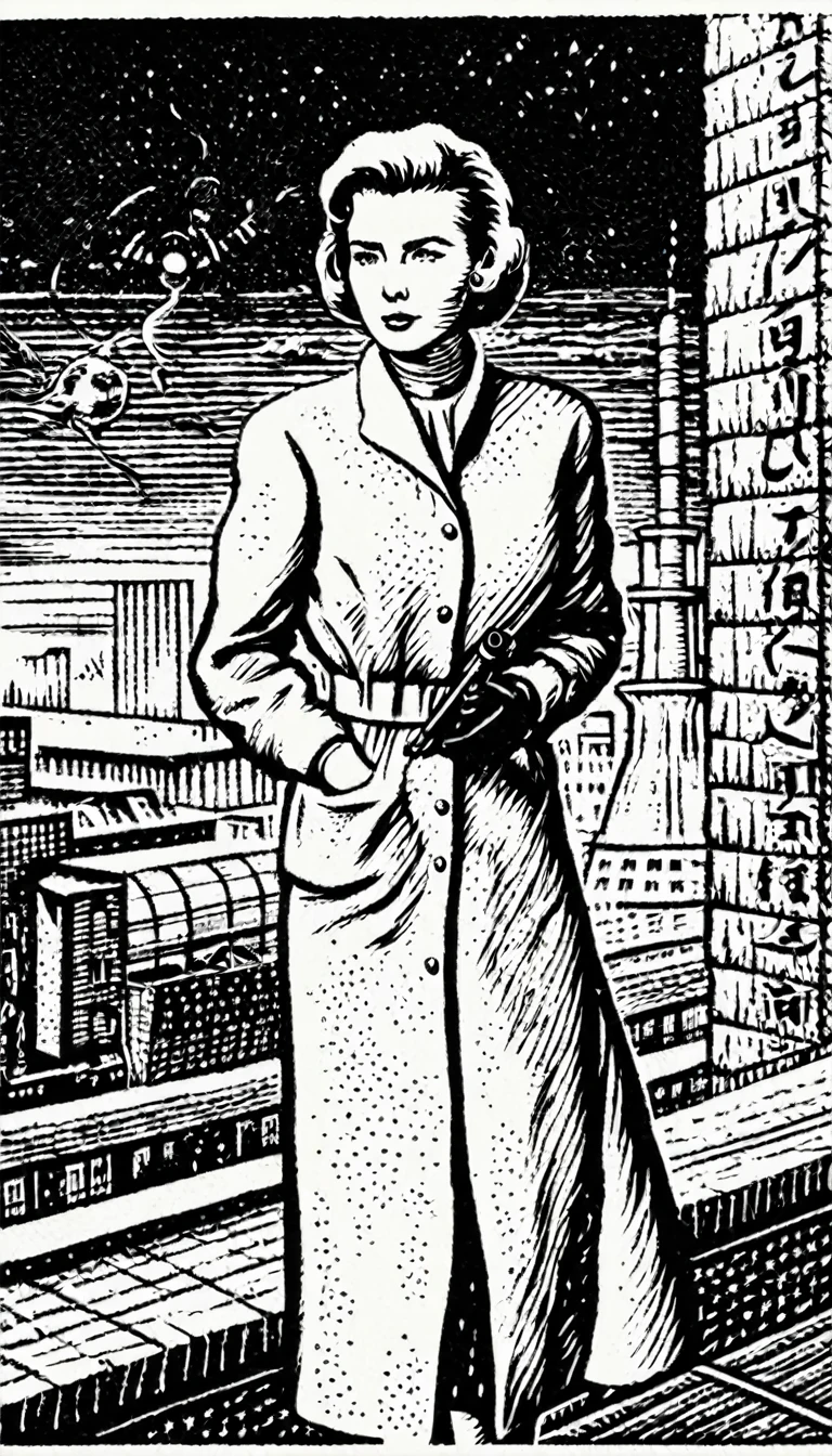 (Black and white woodcut:1.5)、(Second floor in black and white.)、foreground, dark and sinister atmosphere、profile face of a female nuclear scientist, with short hair, with dark protection googles, wearing long white coat with gloves, Lost look, wearing long skirt , next to an atomic bomb with radiation symbols., Mysterious、