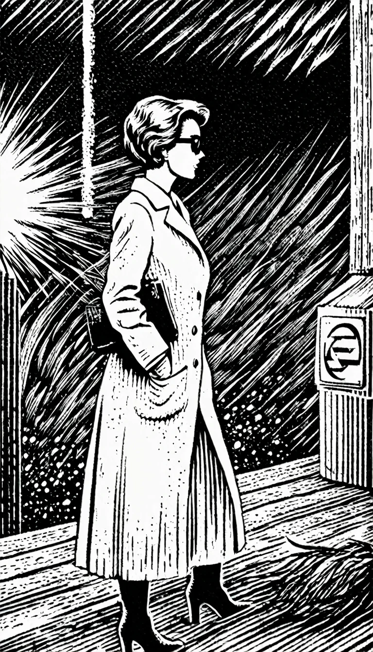 (Black and white woodcut:1.5)、(Second floor in black and white.)、foreground, dark and sinister atmosphere、profile face of a female nuclear scientist, with short hair,  with dark protection googles, wearing long white coat with gloves, Lost look, wearing long skirt , next to an atomic bomb with radiation symbols., Mysterious、