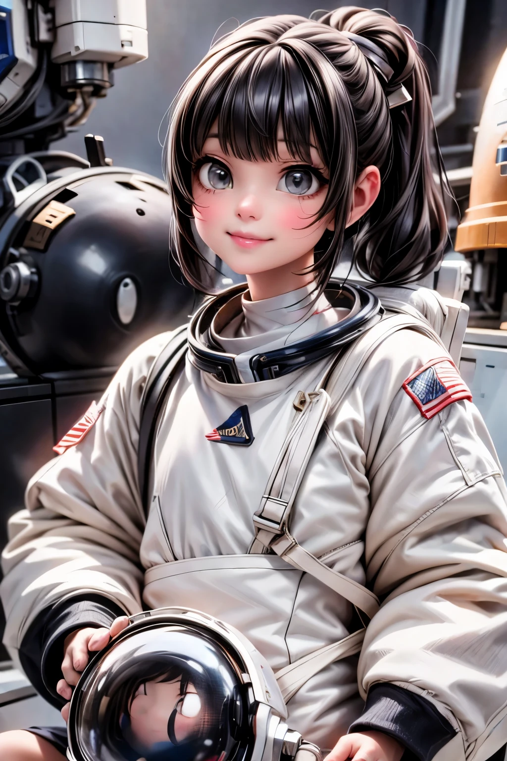 ***********, spacesuit, space helmet, sci-fi style, bokeh, earth \\(planet\\), (jumping), skindentation, extremely long hair, distinct facial features, cute and adorable, parted lips, big reflective eyes, subsurface scattering, vivid colors, big depth of field, high quality,