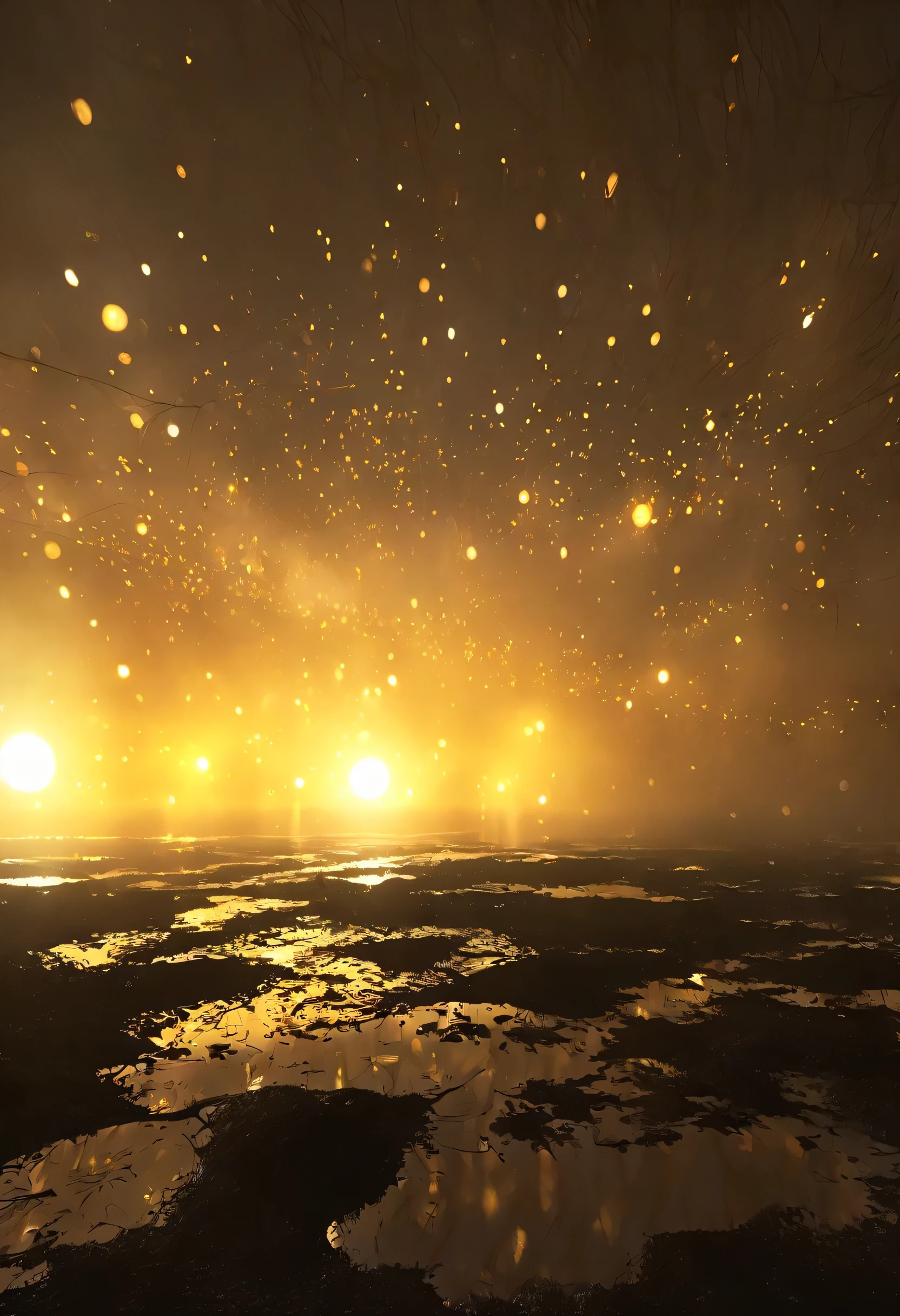 Countless golden lights are floating in the wasteland,Hazy mysterious atmosphere