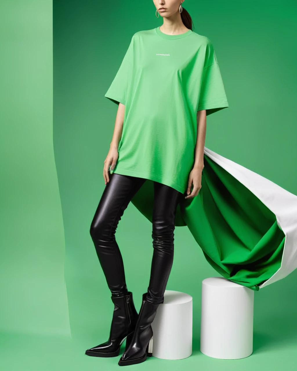 white oversize t-shirt, all green color background,balenciaga concept fashion photo, Paris
