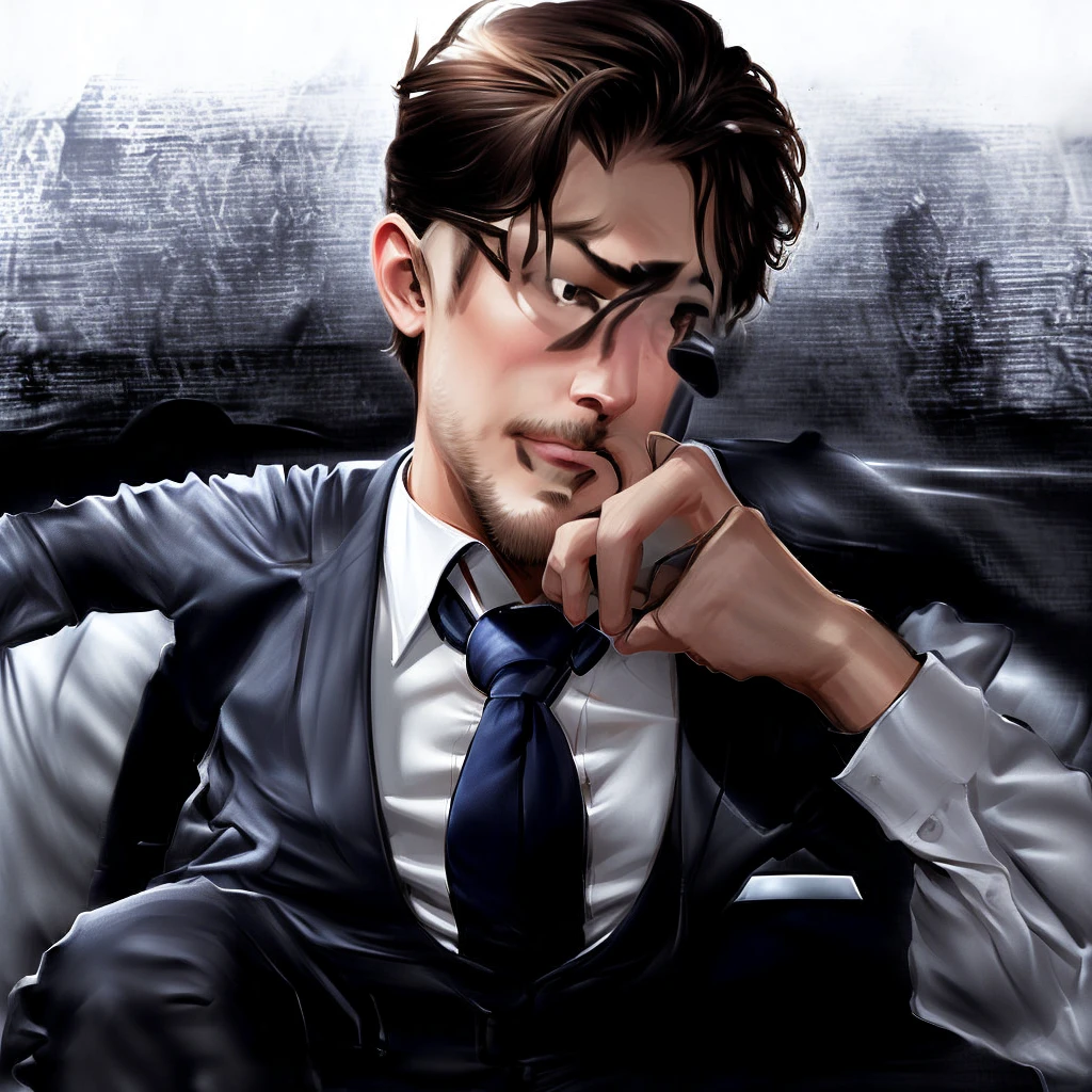 there is a man in a vest and tie sitting down, handsome pose, realistic