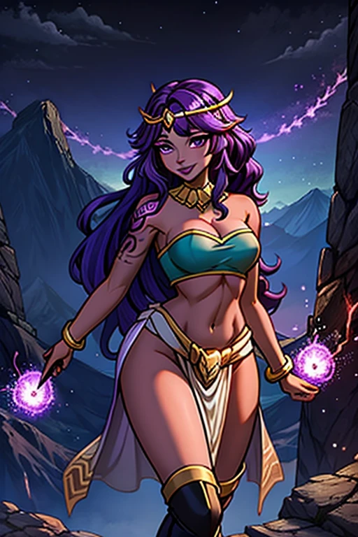 (best quality:1.3), (4K quality),masterpiece, best quality, high res, detailed, (Detailed face:1.2), (Detailed eyes:1.2), (Perfect figure:1.2), Fantasy style, Fantasy environment, solo, 1girl, 25 year old woman, sorceress, (Dark skin:1.5), purple hair, wavy hair, long hair, purple eyes, mascaras purple eyeshadow, smile, purple lipstick,(covered in tattoos:1.2), medium breasts, waist, slender legs, attractive body, slim figure, perfect shape, (Wearing: golden headpiece, purple strapless top, purple loincloth, pelvic curtain, bracelets, knee-high boots), looking at viewer, both hands glowing bright purple, purple magic, bright purple sparks in both hands, BREAK She's a sorceress that wields her magical powers with grace and precision, showcasing her exceptional abilities, She exudes an air of mystery and power, The artwork captures the essence of a strong and alluring character, (Strong and alluring character:1.3), BREAK (Night time, gloomy and isolated tone, outdoors, dark clouds in the sky, purple lighting, gorgeous view of the mountains)