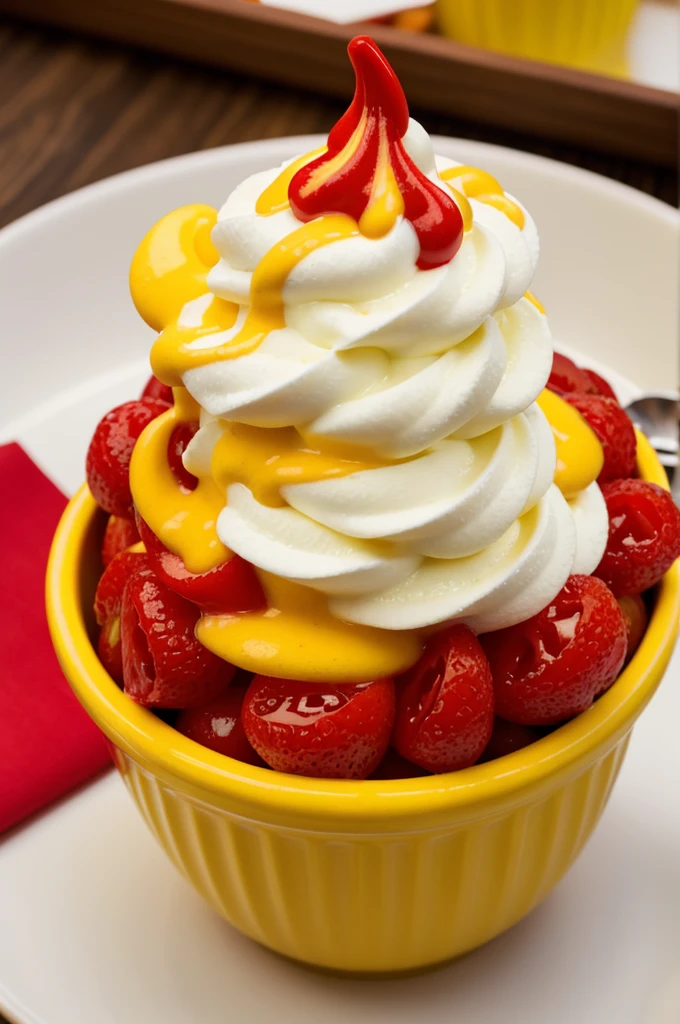 Create a red and yellow soft serve that contains the legend: X Toppings
