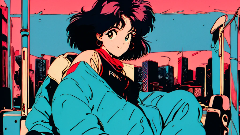 the 90s,City Pop,Retro Pop,Bob Hair,play the guitar,The background is in the room,1 person,smile