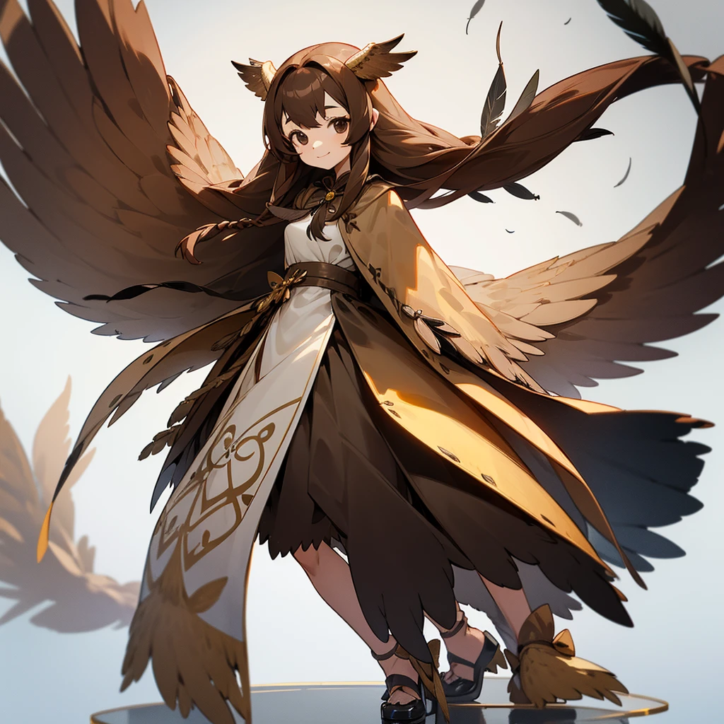 1girl, bird, black eyes, brown dress, brown hair, creature and personification, dress, feathers, full body, long hair, looking at viewer, owl, personification, signature, smile, solo, standing, very long hair, white background, nendroid, pvc figurine