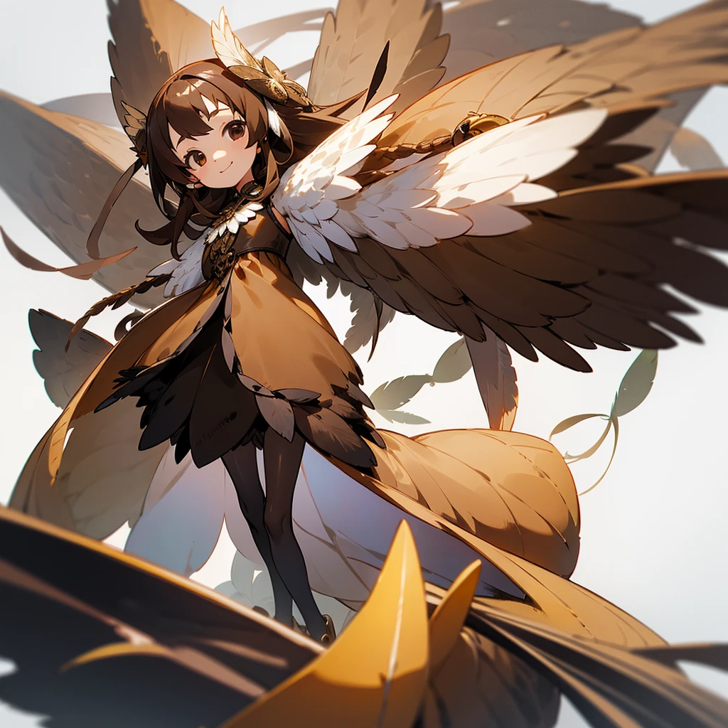 1girl, bird, black eyes, brown dress, brown hair, creature and personification, dress, feathers, full body, long hair, looking at viewer, owl, personification, signature, smile, solo, standing, very long hair, white background, nendroid, pvc figurine