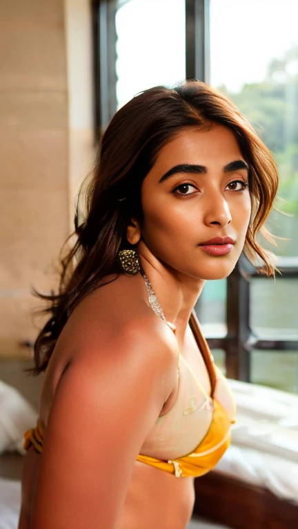 No make up,(( front view)), (showing navel), medium breast,cold temperature,close up photo of semi naked Pooja hegde,((cotton bikini)), bedroom,intricate details, cold room, lean eyebrow, pooja hegde,pooja1, kodak, looking at viewer,detailed background,((cool)),free messy hair style