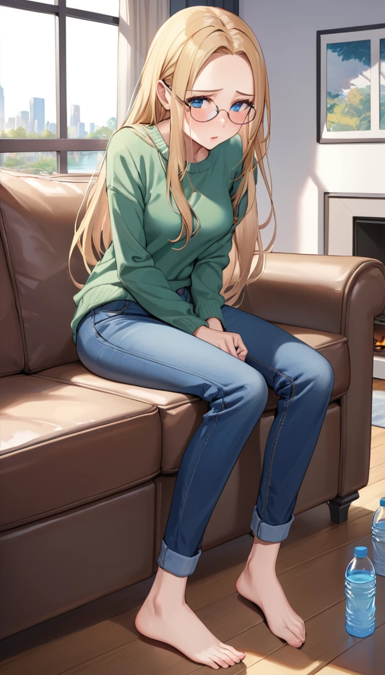 ((best quality, masterpiece:1.3, 8K)), (detailed), highly detailed face and skin texture, detailed eyes, living room, window, empty water bottles, full body, (slender body:1.1), 1girl, 25 years old, white skin, blue eyes, reading glasses, bright lips, worried, embarrassed, blonde hair, straight hair, long hair, (forehead:1.0), green sweater, hard nipples, jeans pants, skinny jeans, blue jeans, barefoot, (desperation:1.5, holding crotch:1.5), 