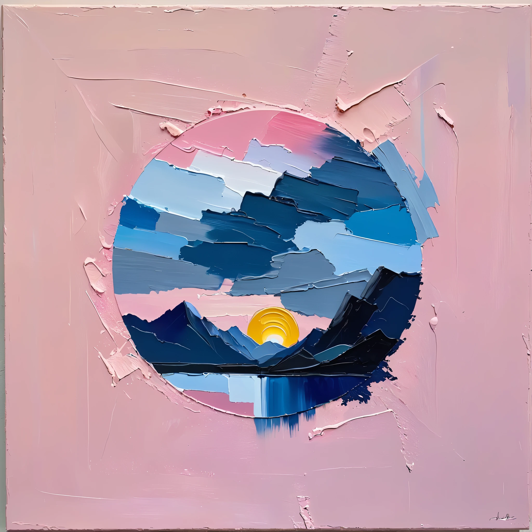 a thick textured oil painting, impasto brushstrokes, dry brushing,revealing underlayers, abstract landscape, moody lighting, dramatic shadows, muted earthy colors, vibrant colors, highly detailed, masterpiece, using a palette of light pink, muted blue, dark grayish blue, bright blue, very dark gray, and light grayish blue shade of emotion
