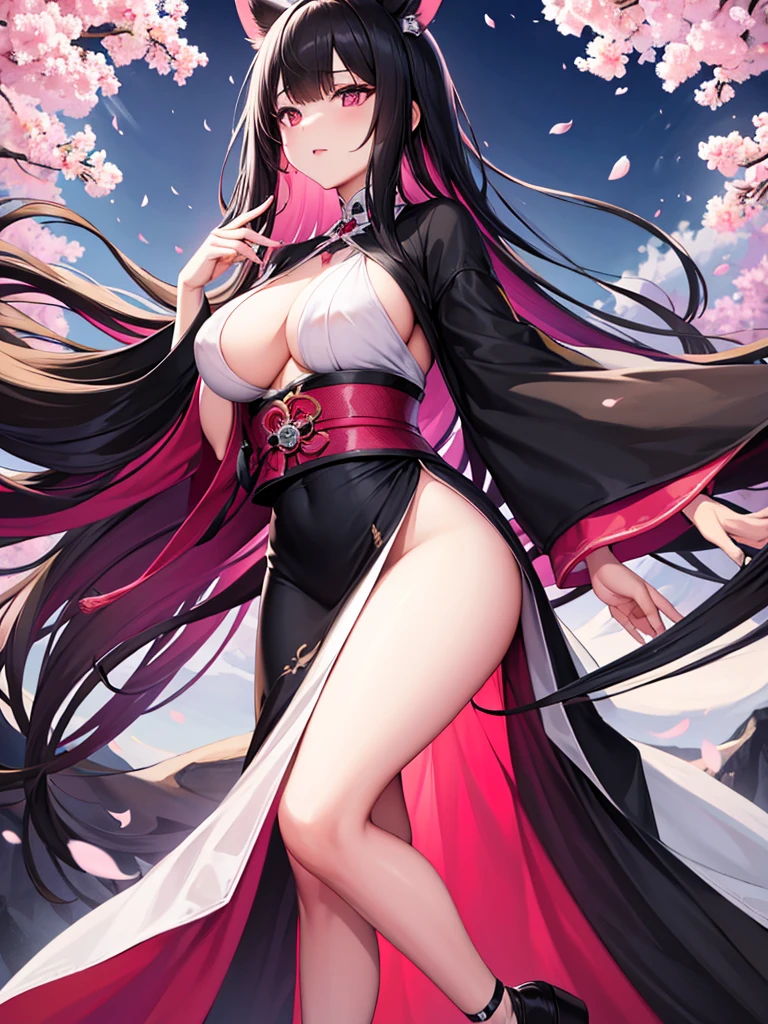 best quality, character design sheet, adult woman、No hat on, Black and pink hair, whole body, Head to Toe, Fortuneteller、Standing facing forward, Beautiful black dress, long Black Hair, Pure white background, from front, best quality, Cherry blossom pattern、Japanese、Adult Japanese、Clear eyes、Standing facing forward、The face is facing forward、holding a magic card in hand、White background、Black western dress、Neutral face、Black hair with pink inner color