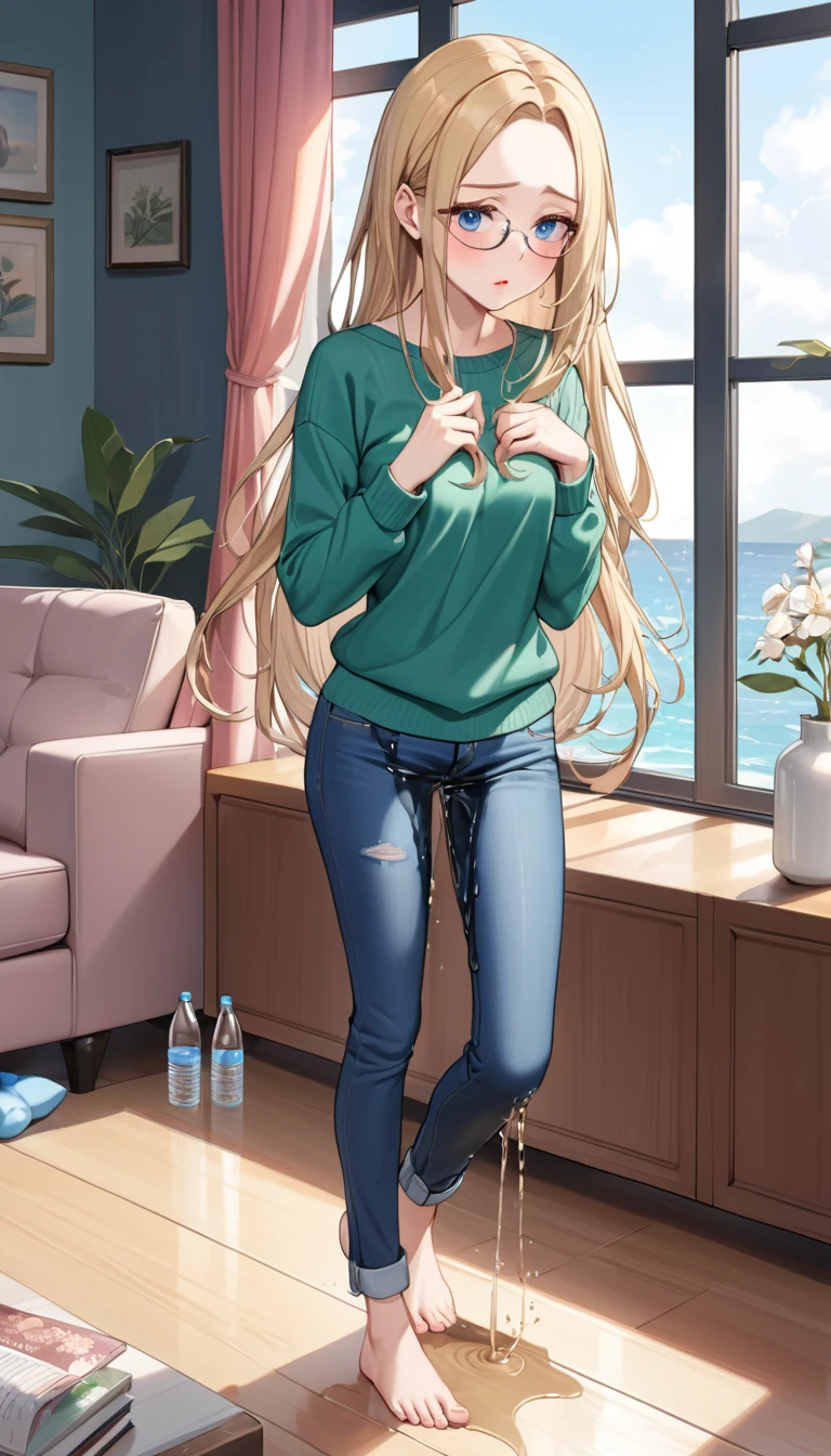 ((best quality, masterpiece:1.3, 8K)), (detailed), highly detailed face and skin texture, detailed eyes, living room, window, empty water bottles, full body, (slender body:1.1), 1girl, 25 years old, white skin, blue eyes, reading glasses, bright lips, worried, embarrassed, blonde hair, straight hair, long hair, (forehead:1.0), green sweater, hard nipples, jeans pants, skinny jeans, blue jeans, barefoot, (wetting herself:1.5),