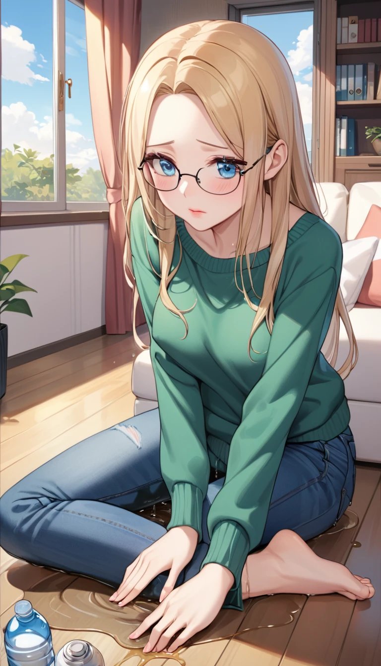 ((best quality, masterpiece:1.3, 8K)), (detailed), highly detailed face and skin texture, detailed eyes, living room, window, empty bottles, full body, (slender body:1.1), 1girl, 25 years old, white skin, blue eyes, reading glasses, bright lips, worried, embarrassed, blonde hair, straight hair, long hair, (forehead:1.0), green sweater, hard nipples, jeans pants, skinny jeans, blue jeans, barefoot, desperation:1.5, holding crotch, 