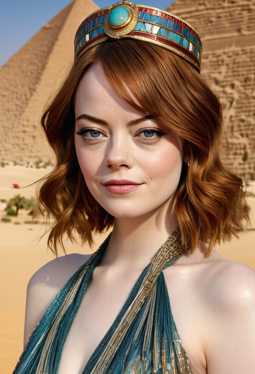 Emma Stone in the style of an Egypt princess against the backdrop of the Egyptian oasis