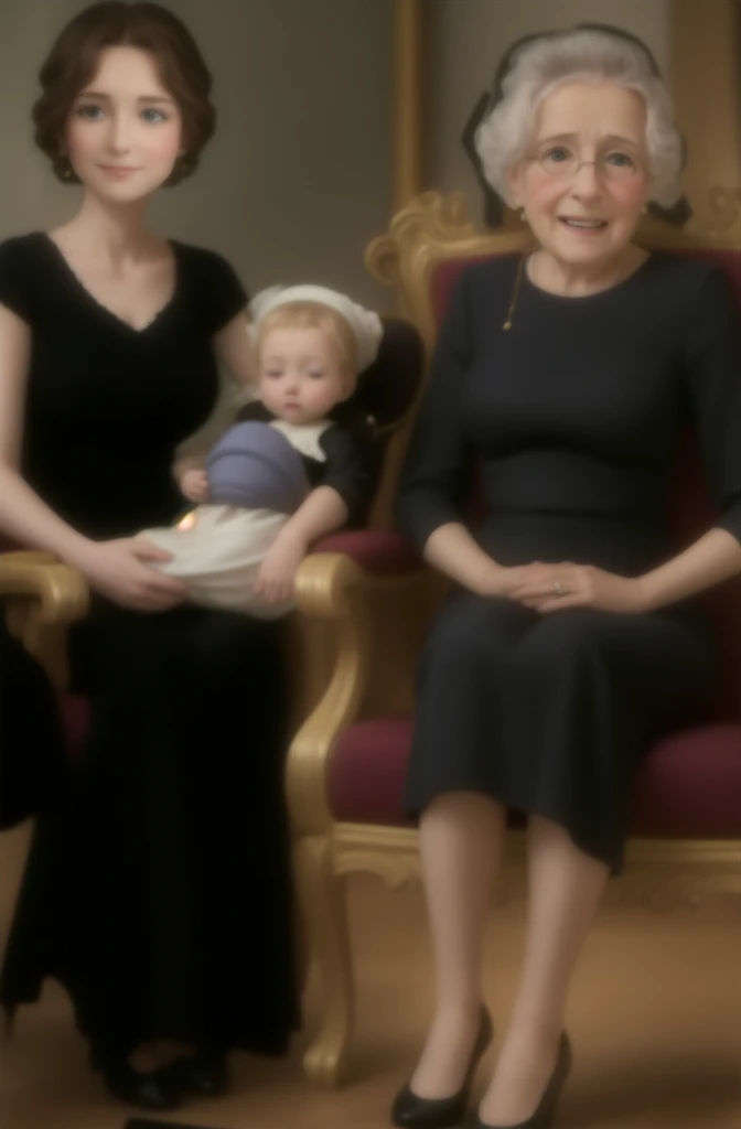 Photography of a baptism, two elderly women sitting in an elegant chair,In the middle a woman holds the baby.