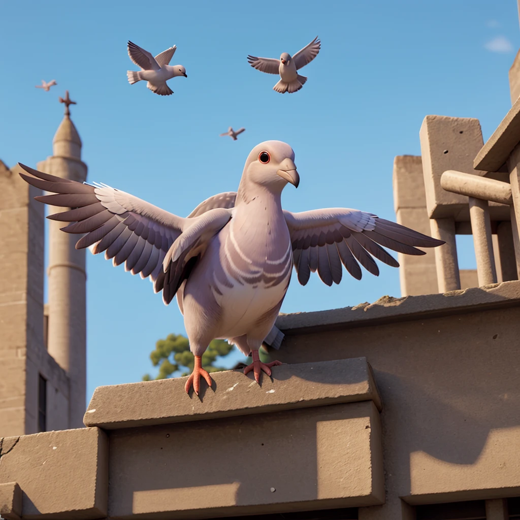 The young pigeon of the group was flying lowest.