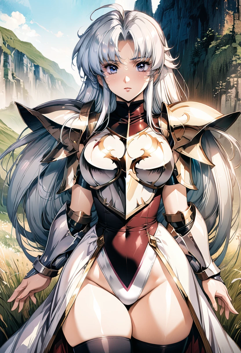 ((highest quality)), ((masterpiece)), ((hyperrealistic)), (detailed background), anime style, solo, 1girl, ((langrisser)), ((curvy: 1.2)), kawaii, ((Lamé leotard)), ((white knight dress)), white long hair, ahoge, forehead, parted bangs, (long coat), ((large breasts)), ((breastplate)), (zettai ryouiki black knee socks), ((gauntlet)), (big butt), (thighs), (groin), beautiful eyes, perfect face, Perfect hands, perfect fingers, Blue sky and grassland,