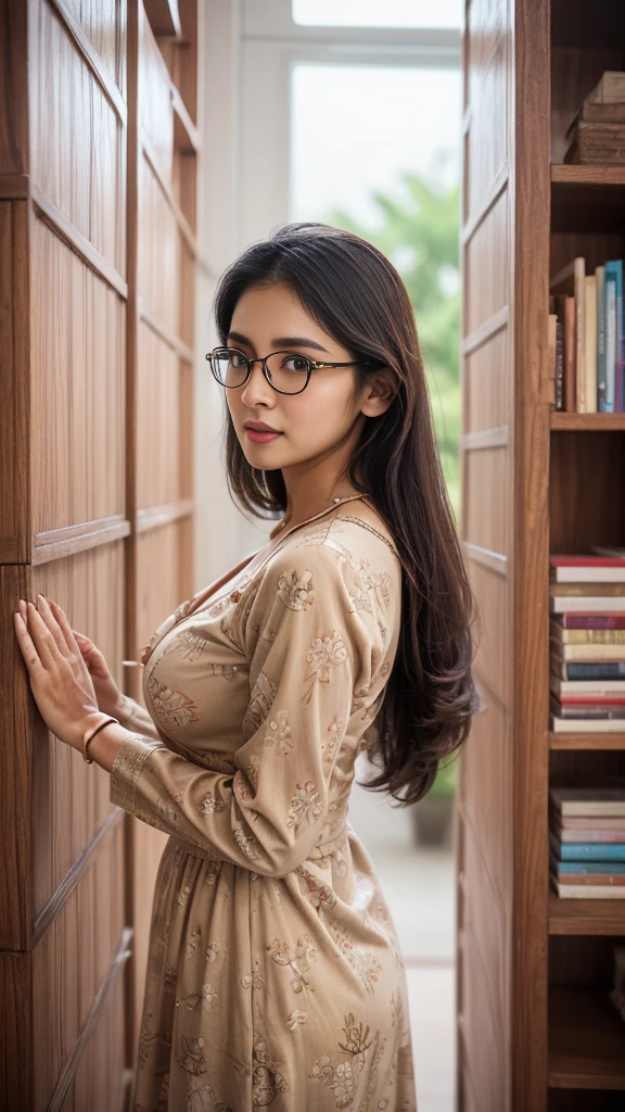 ((beautiful indian college Lecturer woman)), 45 Years old, Middle age woman, name mira filzah brown eye, wearing nerd eyewear,tudung muslim,modernbaju kurung look rich,, unbuttoned baju Kurung, calm,confident,happy, realistic beautiful Curvy body, sexy hourglass body, White Skin Body, (photo, photorealistic:1.37), (ultrahigh-res), half body, walking pose, hyper detailed POV, by lee jeffries, nikon d850, film stock photograph ,4 kodak portra 400 ,camera f1.6 lens ,rich colors ,hyper realistic ,lifelike texture, dramatic lighting , cinestill 800, (huge breasts 1.3), cleavage, different poses, different angle, different context,front view ,background library room,books in the hand
