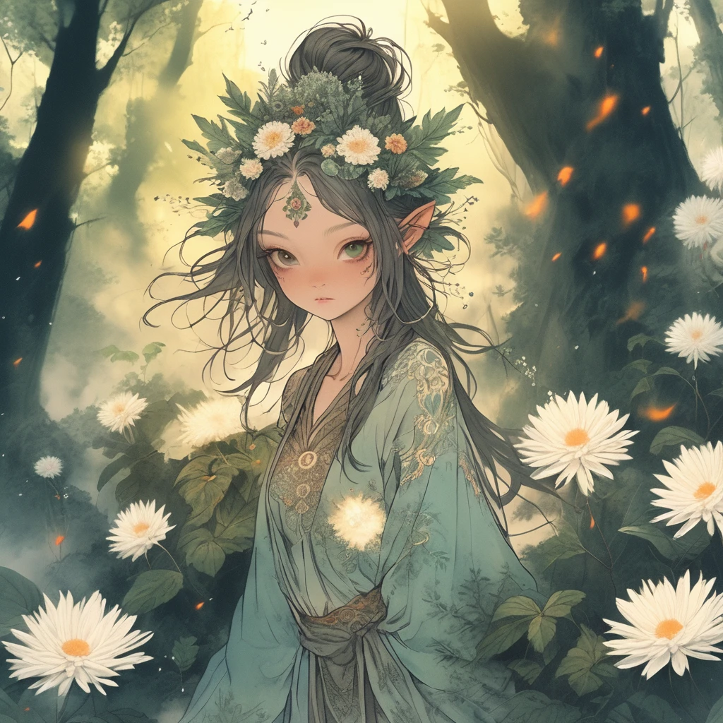 1sexy girl with forest clothes, Flowers, Leaves, mandalas, fractalized, Forest elves，holy rays，full female body,Ray traching，dynamic blur，smoke effect，morning glow，4K，k hd，extreme hight detail
