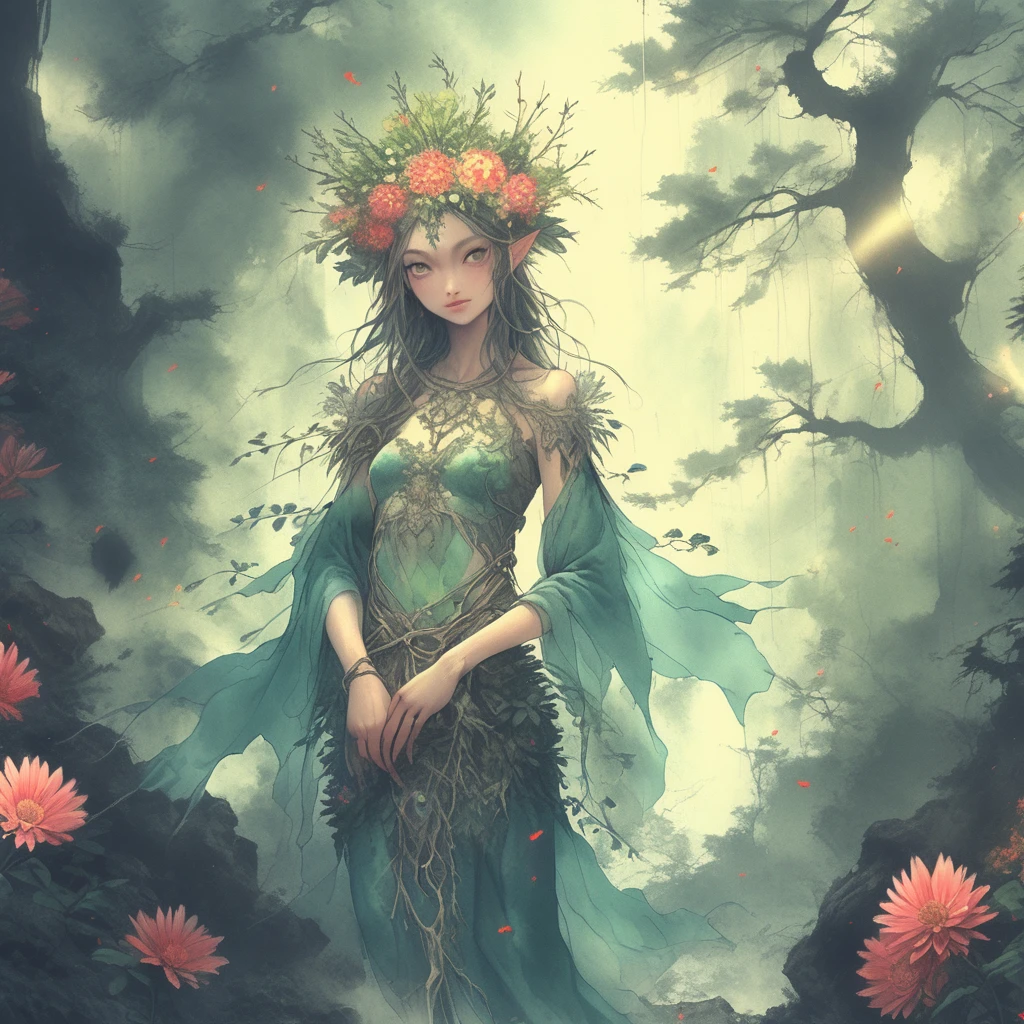 1sexy girl with forest clothes, Flowers, Leaves, mandalas, fractalized, Forest elves，holy rays，full female body,Ray traching，dynamic blur，smoke effect，morning glow，4K，k hd，extreme hight detail