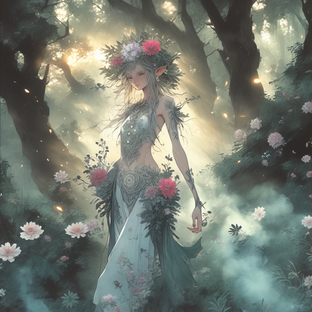 1sexy girl with forest clothes, Flowers, Leaves, mandalas, fractalized, Forest elves,holy rays,full female body,Ray traching,dynamic blur,smoke effect,morning glow,4K,k hd,extreme hight detail