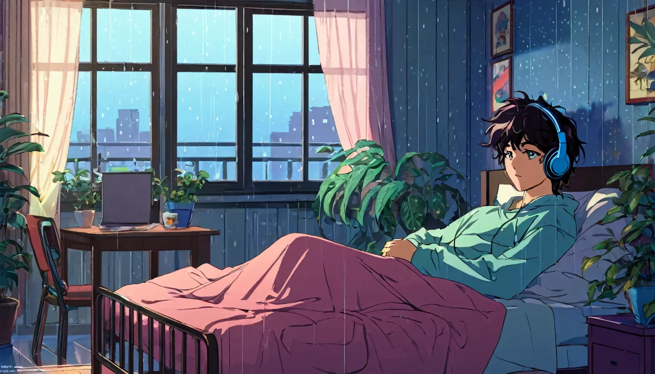 jantar: A young and vibrant character, with typical 80s anime characteristics, is lying in his bed, listening to music on your headphones. He seems calm and immersed in the melody. The room is cozy, with retro 80s style decor. scenario: Uma grande janela de vidro no fundo da sala mostra um scenario externo de chuva intensa. Raindrops run down the window, creating a melancholic and nostalgic effect. The lighting inside the room is soft, with diffused lights that enhance the contrast between the cozy interior environment and the rainy weather outside. Visible atmosphere and style