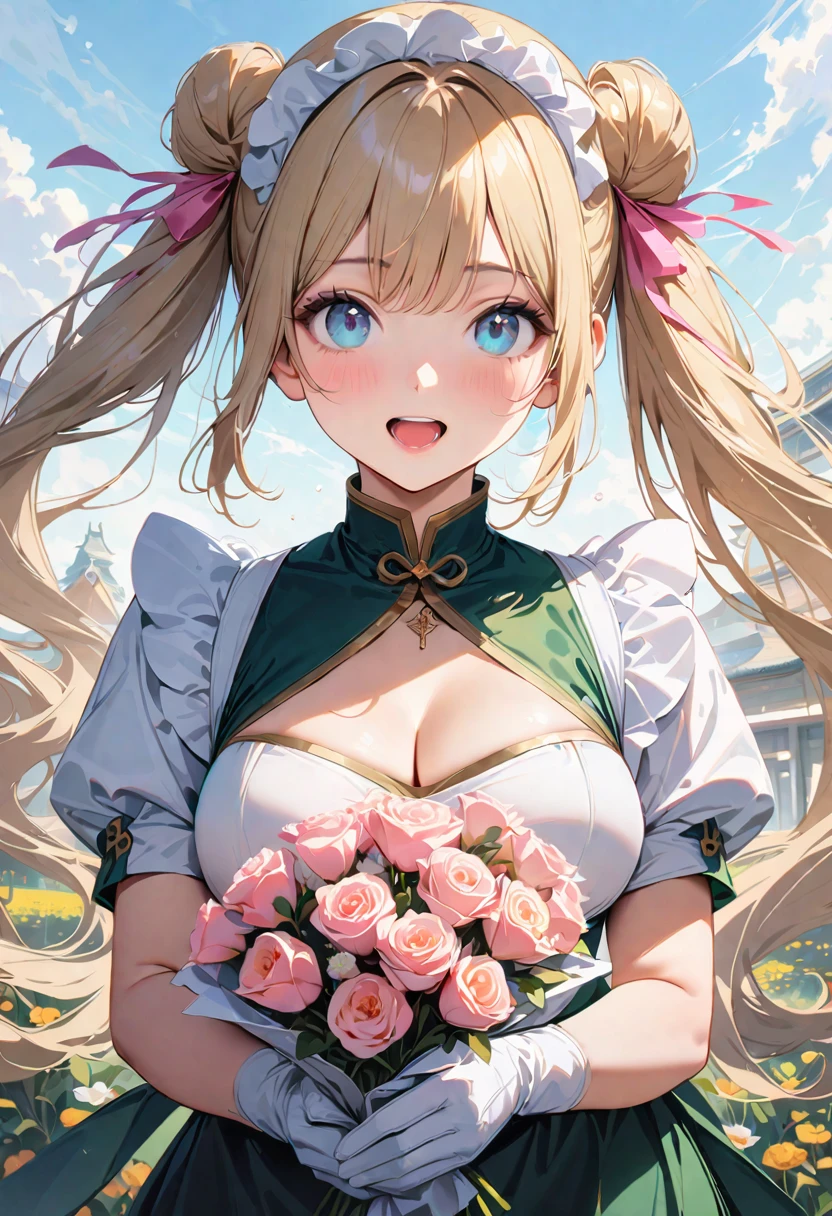 30 years old,1 mature woman,hyperrealistic, 8k, (extremely detailed 8k), (very delicate and beautiful), (masterpiece), (better quality:1.0), (ultra high resolution:1.0), (masterpiece, best quality), cute,blonde,cleavage cutout,(broen dress:1.3),gleaming skin,twintails,twin bun,a pink ribbon on the head,long hair,pastel green chinese maid dress,pastel green chinese dress,white long gloves,hold a bouquet of flowers,face and body straight at the camera,a bunch of flowers,POV,bust shot,white frill,puffy sleeves,laugh with open mouth,tareme,sky blue eyes,short truffle half apron,a gold buckle around someones neck,white corset